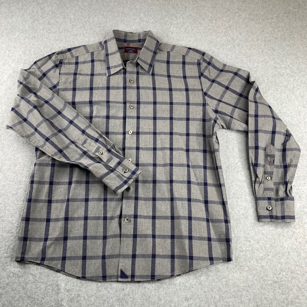 UNTUCKit Button Down Shirt Mens Large Grey Navy Blue Windowpane Plaid Cotton